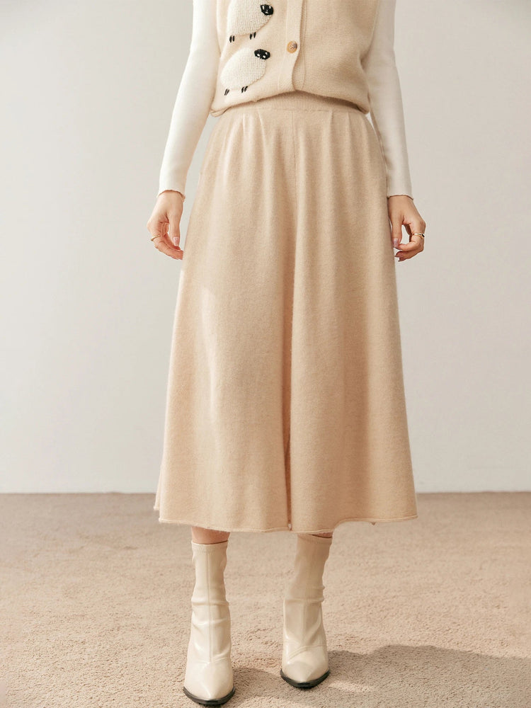 Women's 100% Pure Cashmere Skirt Autumn Winter Mid-calf A-line Knitted Full Skirt High Waist Soild Dress Elegant Basic High-end PlatiNum
