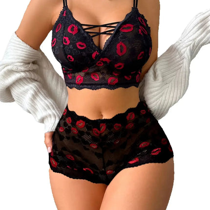Women Sexy Lip Print Lingerie Set Hollow-out Lace Unlined Camisole Bra Thin Cup Wireless Sexy Bras and Sheer Panties