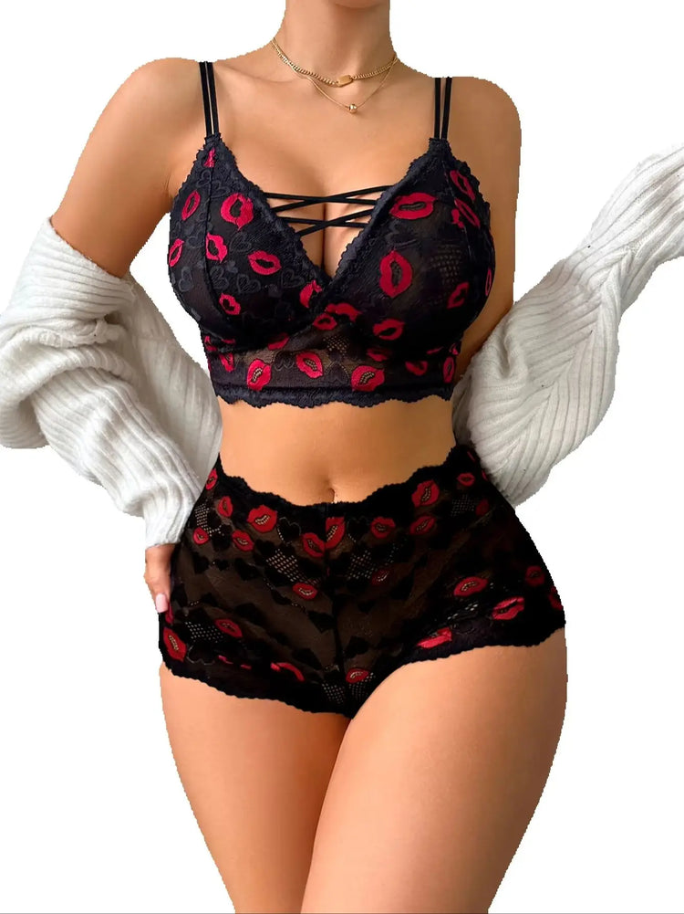 Women Sexy Lip Print Lingerie Set Hollow-out Lace Unlined Camisole Bra Thin Cup Wireless Sexy Bras and Sheer Panties