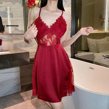 2025 nuova camicia da notte sexy canotta da donna in pizzo indumenti da notte per la casa in raso con scollo a V profondo backless canotta di lusso indumenti da notte plus size rosso nero