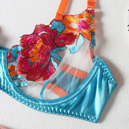 Luxury Embroidery Lingerie Three Piece Sets Sexy Mesh Patchwork See Through Bras And Panties Garter Erotic Intimate Outfits