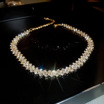 Luxury Shiny Full Rhinestone Choker Necklace for Women Personalized Geometric Crystal Necklaces Wedding Jewelry Party Gifts PlatiNum