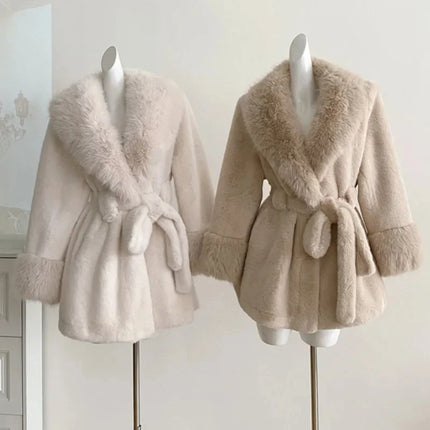 Winter Luxury Women Faux Furs Jackets Coats With Belt Elegant Waist Hugging Slimming Fur Big Collar Thickened Warm Outerwear
