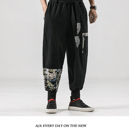 Pantaloni da uomo Costume da samurai giapponese Ukiyo-e Cintura con stampa Pantaloni stile harem da uomo in cotone e lino Pantaloni casual Harajuku da uomo Taglie forti 5XL