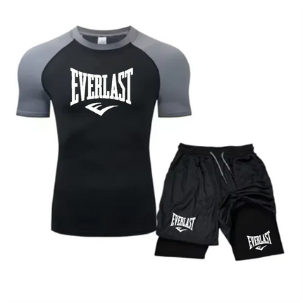 EVERLAST Camicia da Compressione da Uomo + Pantaloncini Sportivi 2 in 1 Set da 2 Pezzi per Il Tempo Libero Respiro Manica Corta Sport Jogging Palestra Marchio di Abbigliamento Stampa platinumshop