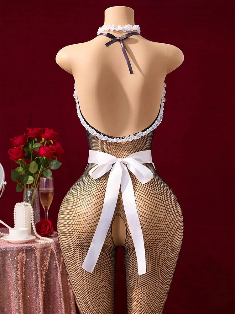 Erotic Open Bras Maid Baby Dolls Dress With Exposed Breast Sexy Crotchless Lingerie Sets Women Fishnet Hollow Full Bodystockings
