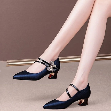 FHC Tacchi medi in pelle poco profonde, Scarpe da lavoro da donna da ufficio, Décolleté da donna, Papillon con strass, Punta a punta Vogue, Blu, Nero, Dropship