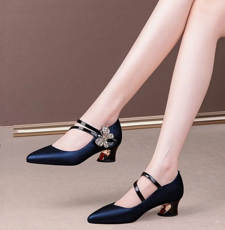 FHC Tacchi medi in pelle poco profonde, Scarpe da lavoro da donna da ufficio, Décolleté da donna, Papillon con strass, Punta a punta Vogue, Blu, Nero, Dropship