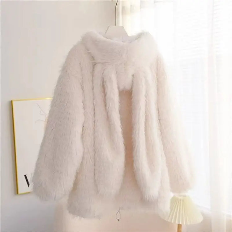 Cute rabbit ear lamb plush coat for women, 2024 autumn and winter new loose and thick hooded sweater, outerwear top