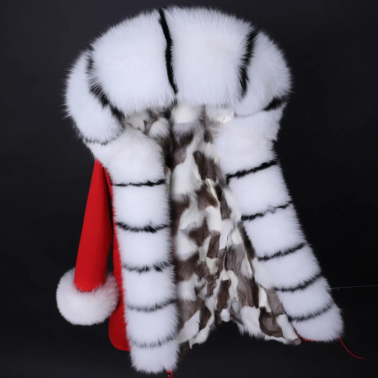 Winter Long Jacket Real Fur Coat Women Clothes Large Silver Fox Fur Collar Detachable Natural Fox Lining Parkas Leather Fur