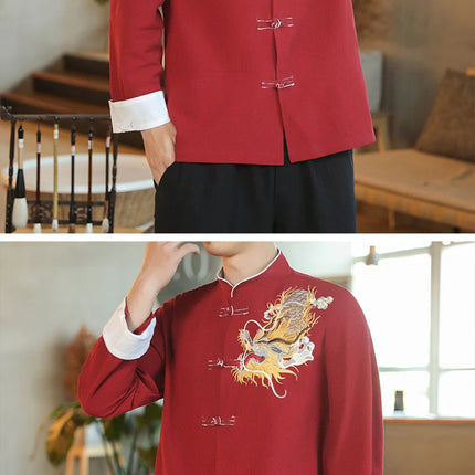 Camicie da Uomo a Maniche Lunghe in Stile Cinese, Ricamate, per Kung Fu e Tai Chi, Cardigan Retrò in Lino, Abito Tradizionale Tang, Top Tradizionale da Uomo
