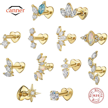 CANNER 1PC 925 Sterling Silver Crown Horse Eye Zircon Heart Flat Head Cartilage Piercing Stud Earring For Women Claasic Earring PlatiNum