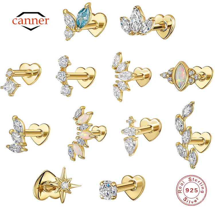 CANNER 1PC 925 Sterling Silver Crown Horse Eye Zircon Heart Flat Head Cartilage Piercing Stud Earring For Women Claasic Earring PlatiNum