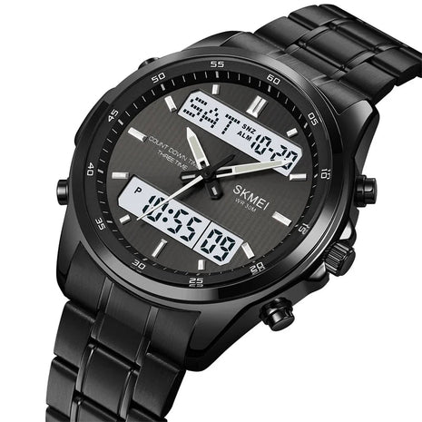 Skmei orologio da polso analogico al quarzo da uomo cinturino in acciaio inossidabile di lusso Led impermeabile digitale sportivo sveglia a tre fusi orari platinumshop