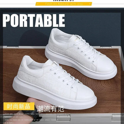 2026 Men's Casual Shoes Spring and Autumn Flat-soled Casual Leather Shoes Sports Shoes Black and White Men's Thick-soled Shoes