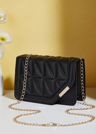 Trendy Embroidered Square Bag  - Diamond Pattern Shoulder Purse with Chain Strap & Magnetic Closure PlatiNum