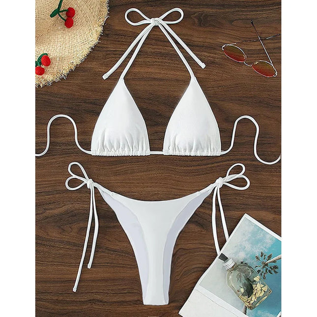 Costume da bagno stile spiaggia per donna Costume da bagno sexy con scollo all'americana Perizoma solido Bikini femminile Costume da bagno Bikini Mujer Lingerie PlatiNum