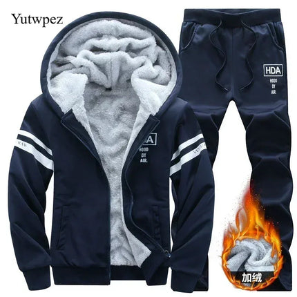 M-6XL Men's Winter 2 Piece Tracksuit Set, Thickened Warm Hooded Coat & Sweater, Outdoor Hiking Cycling Camping Running Outerwear