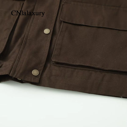 CNlalaxury Women 2025 Autumn New Fashion Contrast Collar Long Sleeve Jacket Casual Warm Coat High Street Outerwear Mujer