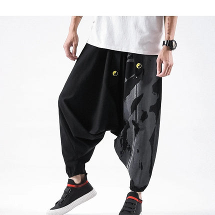 Pantaloni alla moda da uomo Samurai giapponese Ukiyo-e Cintura con stampa Pantaloni stile harem da uomo in cotone e lino Casual Oversize Harajuku Pantaloni a gamba larga da uomo