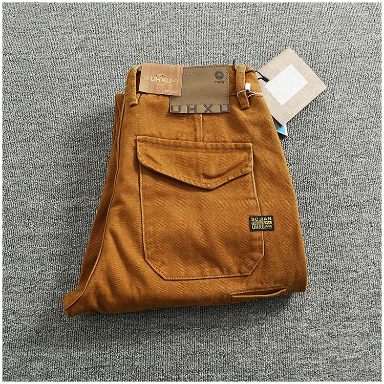 Retro heavy simple cargo pants men's loose straight leg casual pants pure cotton twill woven 3D vertical cut cone pants