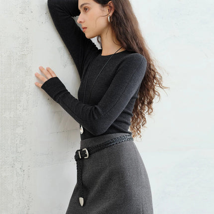 FSLE【Premium Series】German Biella Wool Autumn Super Fine Washable Seamless One-Piece Mock Neck Thermal Base Layer Shirt Women PlatiNum