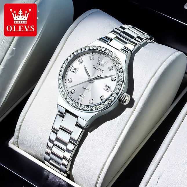OLEVS 5628 Orologio al quarzo da donna Orologio da polso impermeabile luminoso in acciaio inossidabile con scala di diamanti e funzione data platinumshop
