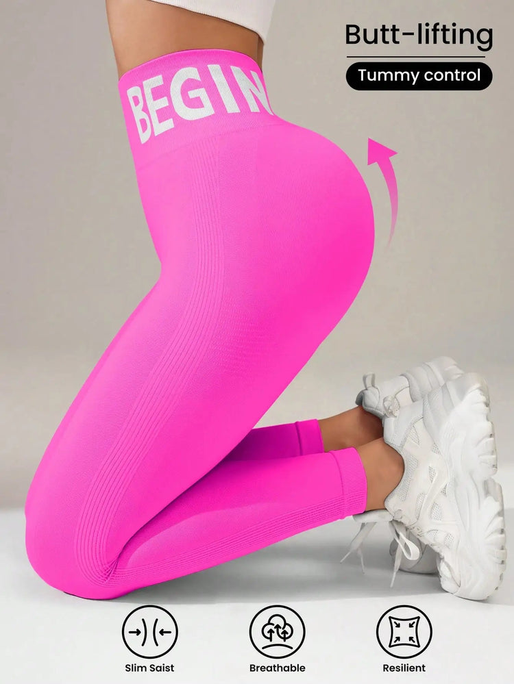 European and American Seamless Yoga Leggings with Waistband Lettering, Butt-Lifting, Quick-Dry Women's Breathable Tights for Pea PlatiNum