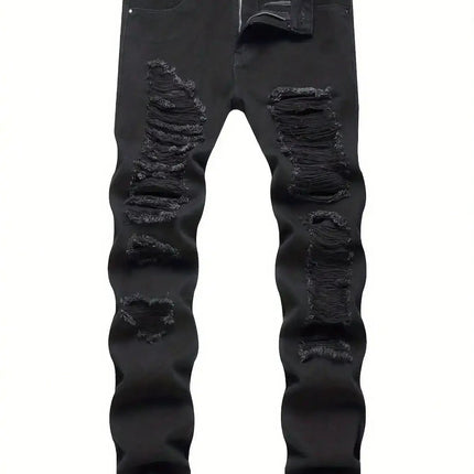 Single piece of trendy streetwear: straight-cut ripped denim jeans in black. PlatiNum