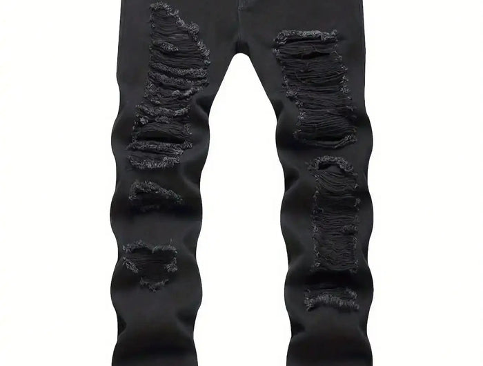 Single piece of trendy streetwear: straight-cut ripped denim jeans in black. PlatiNum