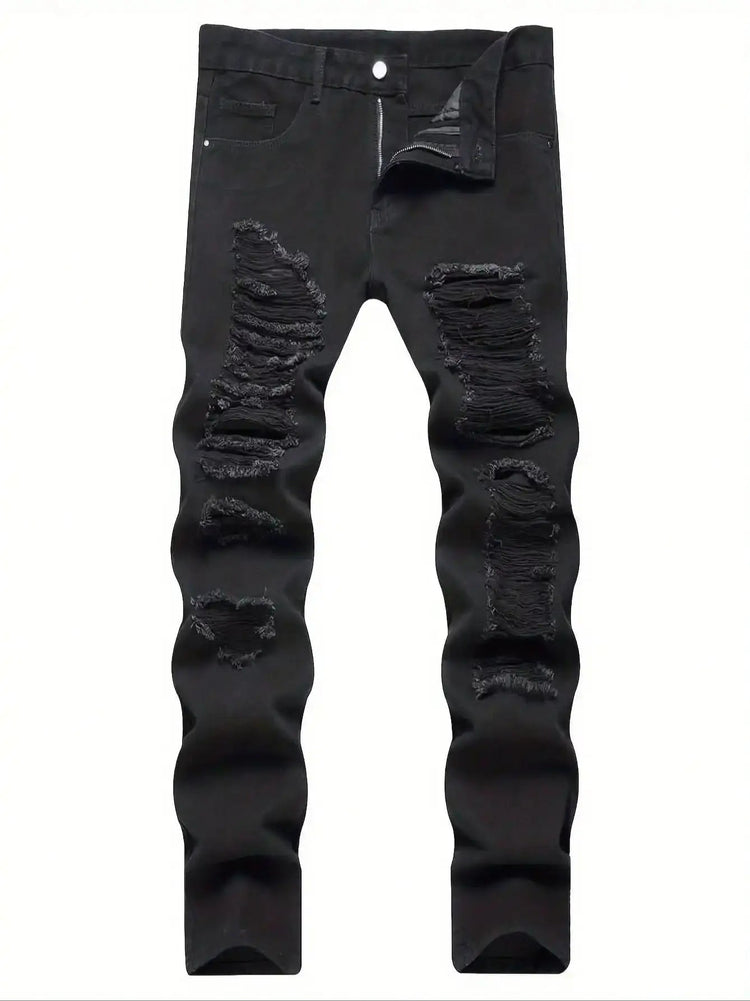 Single piece of trendy streetwear: straight-cut ripped denim jeans in black. PlatiNum