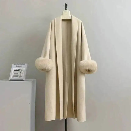 UCXQ Elegant Woolen Coat Temperament Office Lady Overcoats Fur Patchwork Long Sleeve Beautiful Women's Coats 2025 Winter New