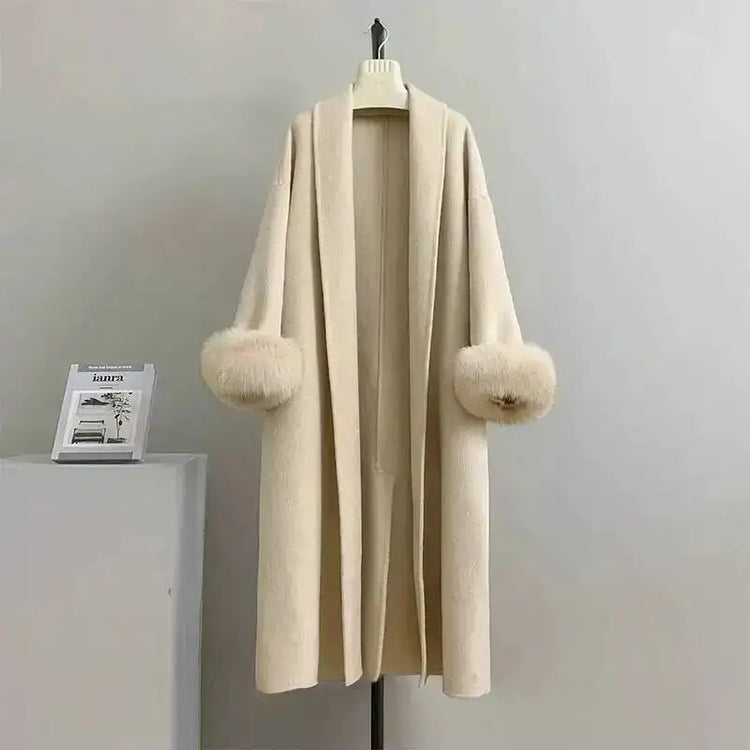 UCXQ Elegant Woolen Coat Temperament Office Lady Overcoats Fur Patchwork Long Sleeve Beautiful Women's Coats 2025 Winter New
