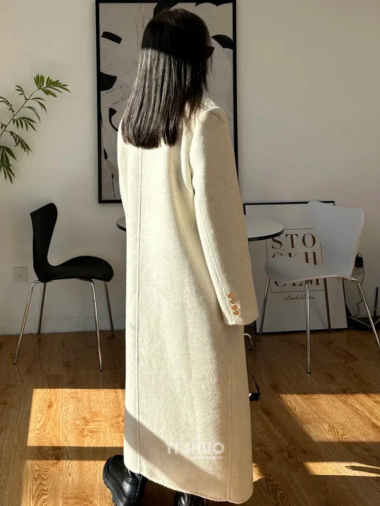 High-end Thick Double-sided Wool Coat Female Fashion Long  Autumn Winter Lapel Double Breasted Wool Coat Women Loose Outerwear