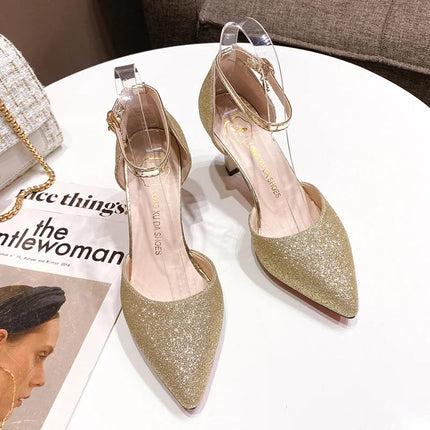 Bling Gold Silver Women Pumps 2023 Sexy Point Toe Thin Heel Party Wedding Shoes Womens Summer Ankle Strap 8cm High Heels Shoes PlatiNum
