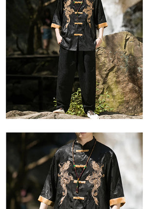 Camicia con ricamo drago dorato da uomo in seta di ghiaccio di alta qualità casual allentato a maniche corte top cardigan tradizionale kung fu retrò da uomo