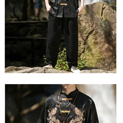 Camicia con ricamo drago dorato da uomo in seta di ghiaccio di alta qualità casual allentato a maniche corte top cardigan tradizionale kung fu retrò da uomo