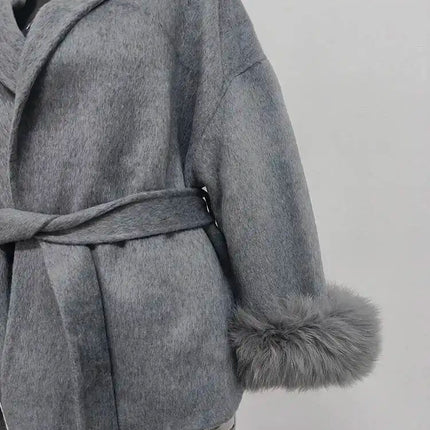 UCXQ Elegant Woolen Coat Temperament Office Lady Overcoats Fur Patchwork Long Sleeve Beautiful Women's Coats 2025 Winter New