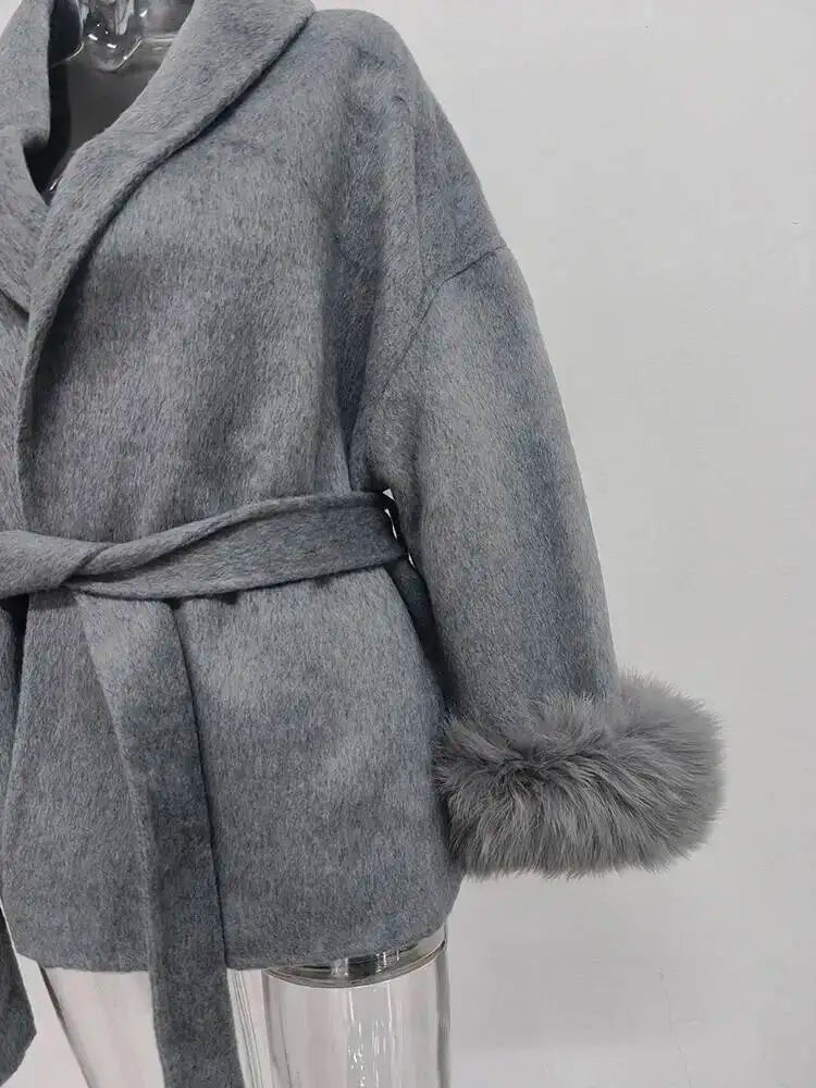 UCXQ Elegant Woolen Coat Temperament Office Lady Overcoats Fur Patchwork Long Sleeve Beautiful Women's Coats 2025 Winter New
