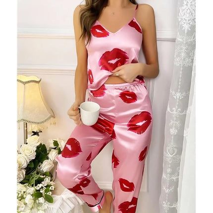 Pigiama da donna in raso con stampa labbra Top Cami con scollo a v e pantaloni elastici per le donne pigiama comodo sonno e abbigliamento da casa