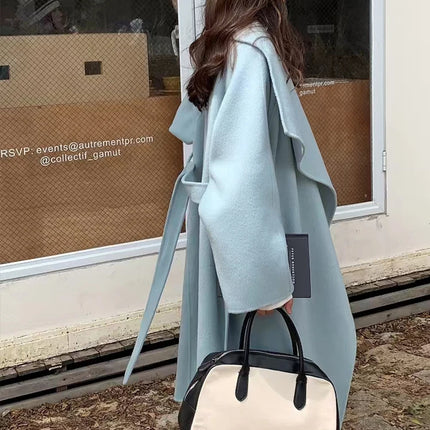 High-end Women Double-sided Wool Long Coat Warm Baby Blue Lapel Loose Double Breasted Wool Coat Female Fashion Autumn Winter