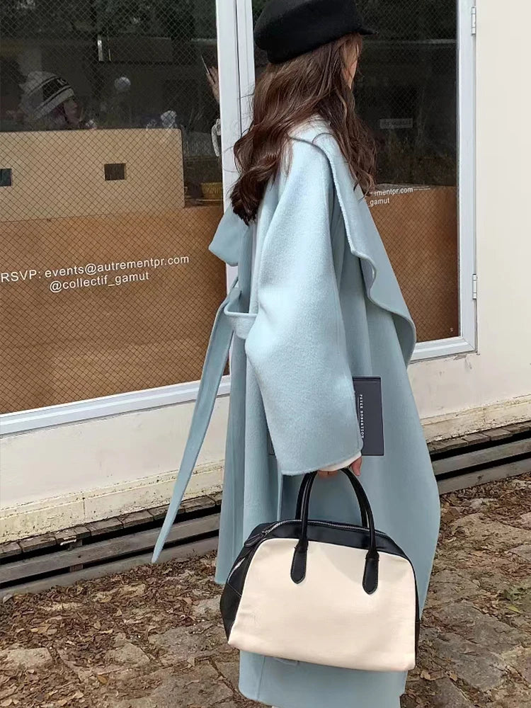 High-end Women Double-sided Wool Long Coat Warm Baby Blue Lapel Loose Double Breasted Wool Coat Female Fashion Autumn Winter