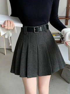 Vintage Winter Pleated Mini Skirt Women Streetwear High Waist Woolen Cute Skater Skirts With Shorts Belt Grey Black Skirt Woman
