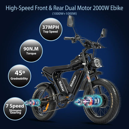 Ridstar Q20 Pro Ebike, doppio motore 2000 W, due batterie 40 Ah, velocità massima 60 KM/H, chilometraggio massimo 120 km in modalità PAS, bici spessa 20 * 4,0