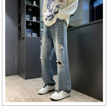 New vintage casual loose fit men's jeans with high street style straight leg denim pants for teenagers, torn knees and damaged PlatiNum