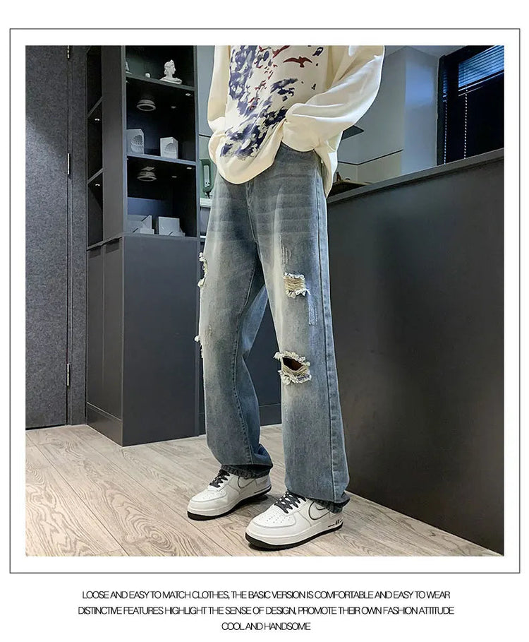 New vintage casual loose fit men's jeans with high street style straight leg denim pants for teenagers, torn knees and damaged PlatiNum