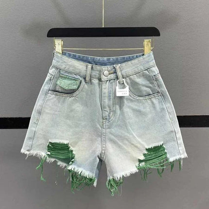 Pantaloncini di jeans con foro rosa stile coreano Donna Estate Nuova vita alta Bordo grezzo A-line Pantaloncini per ragazze calde Pantaloni caldi sottili di nicchia di moda