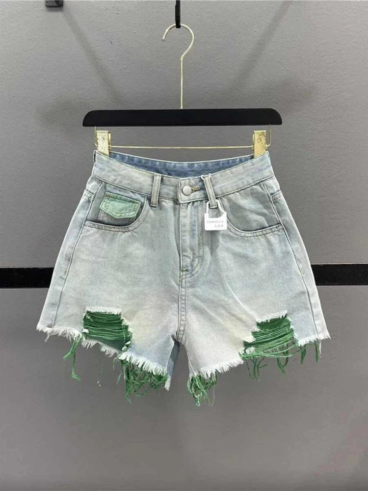 Pantaloncini di jeans con foro rosa stile coreano Donna Estate Nuova vita alta Bordo grezzo A-line Pantaloncini per ragazze calde Pantaloni caldi sottili di nicchia di moda