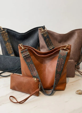 Borsa tote in morbida PU a 2 pezzi, grande capacità, stile bohémien, con tracolla larga, borsa a spalla e a mano, regalo di compleanno ideale