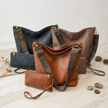 Borsa tote in morbida PU a 2 pezzi, grande capacità, stile bohémien, con tracolla larga, borsa a spalla e a mano, regalo di compleanno ideale